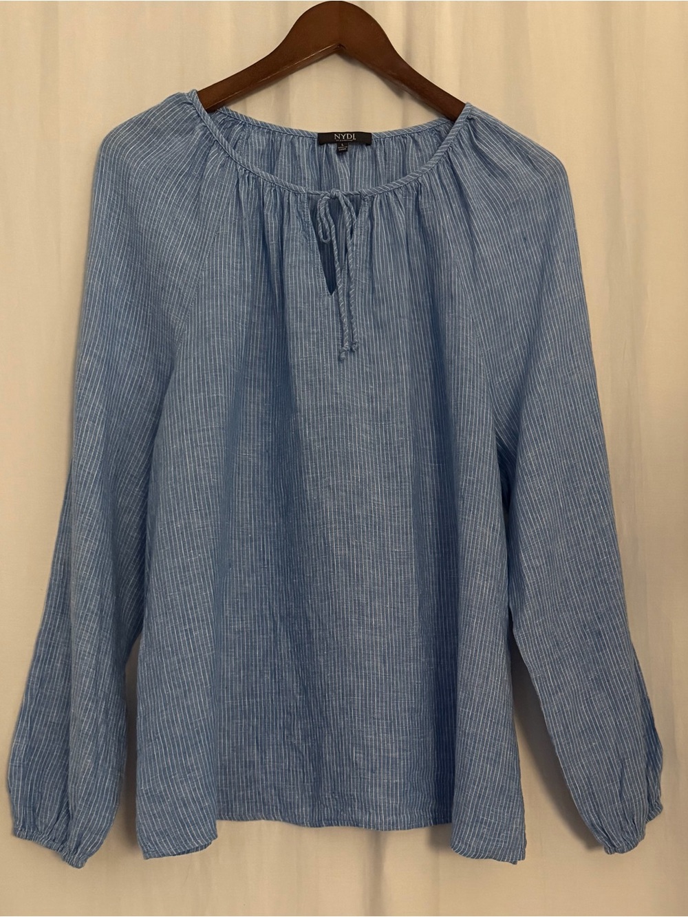 NYDJ Women’s 100% Linen Lightweight Tie-Neck Peasant Blouse Top Blue Striped - L